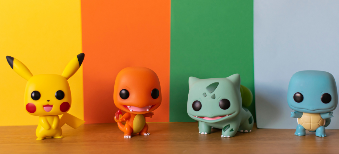 Image of 4 Pokemon Pop figures, Pikachu, Bulbasaur, Charmander and Squirtle