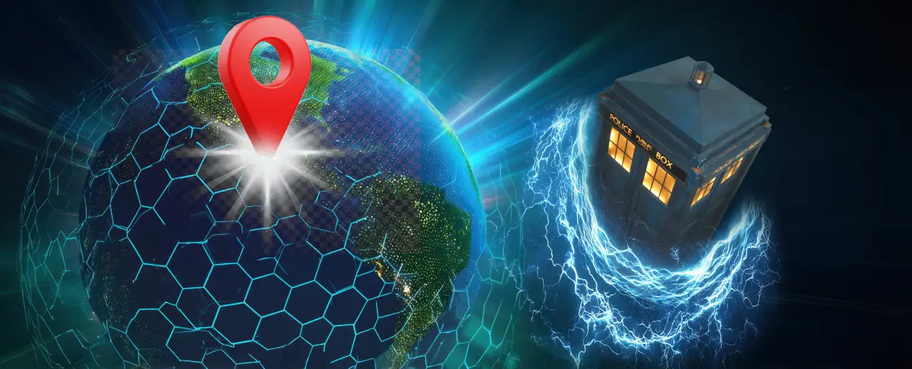 Image of a TARDIS flying towards a planet with a giant map pin in it